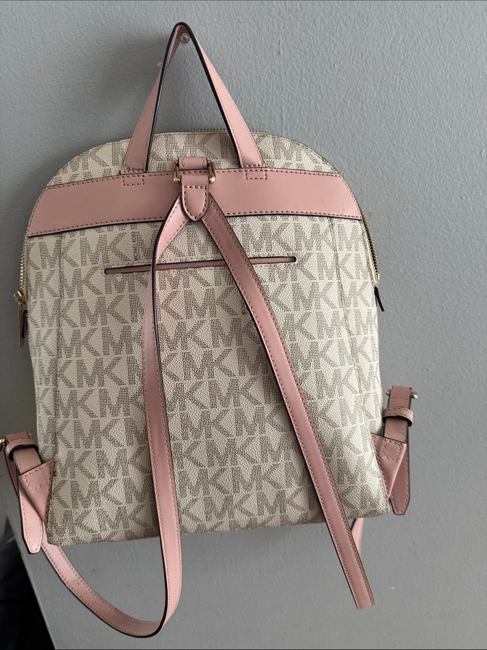 Michael Kors Beige & Pink Signature Logo Backpack